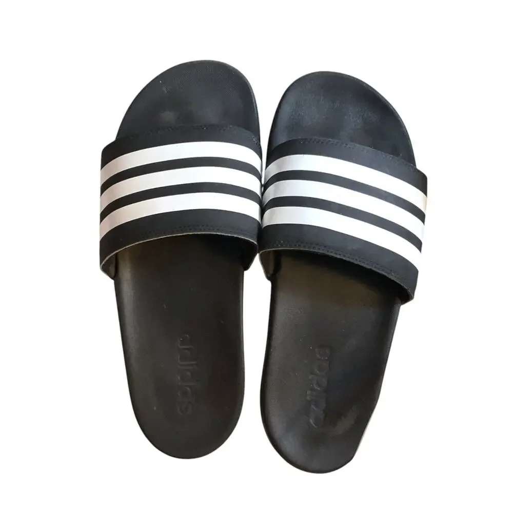 Adidas Sandals Men’s Size 8 Black White Striped Slip on Athlete‎ Sport Shower